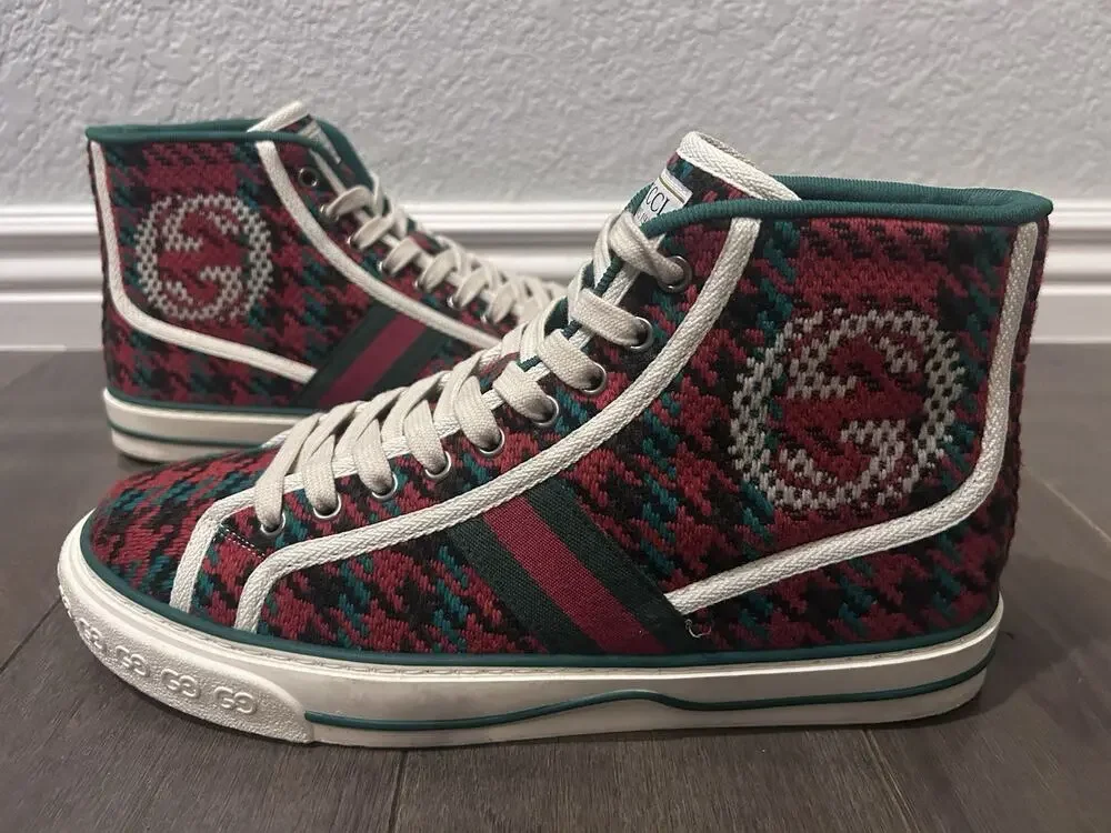AUTHENTIC GUCCI TENNIS 1977 HIGH 'HOUNDSTOOTH MOTIF' SNEAKER SZ GG 6 (fits US 7)
